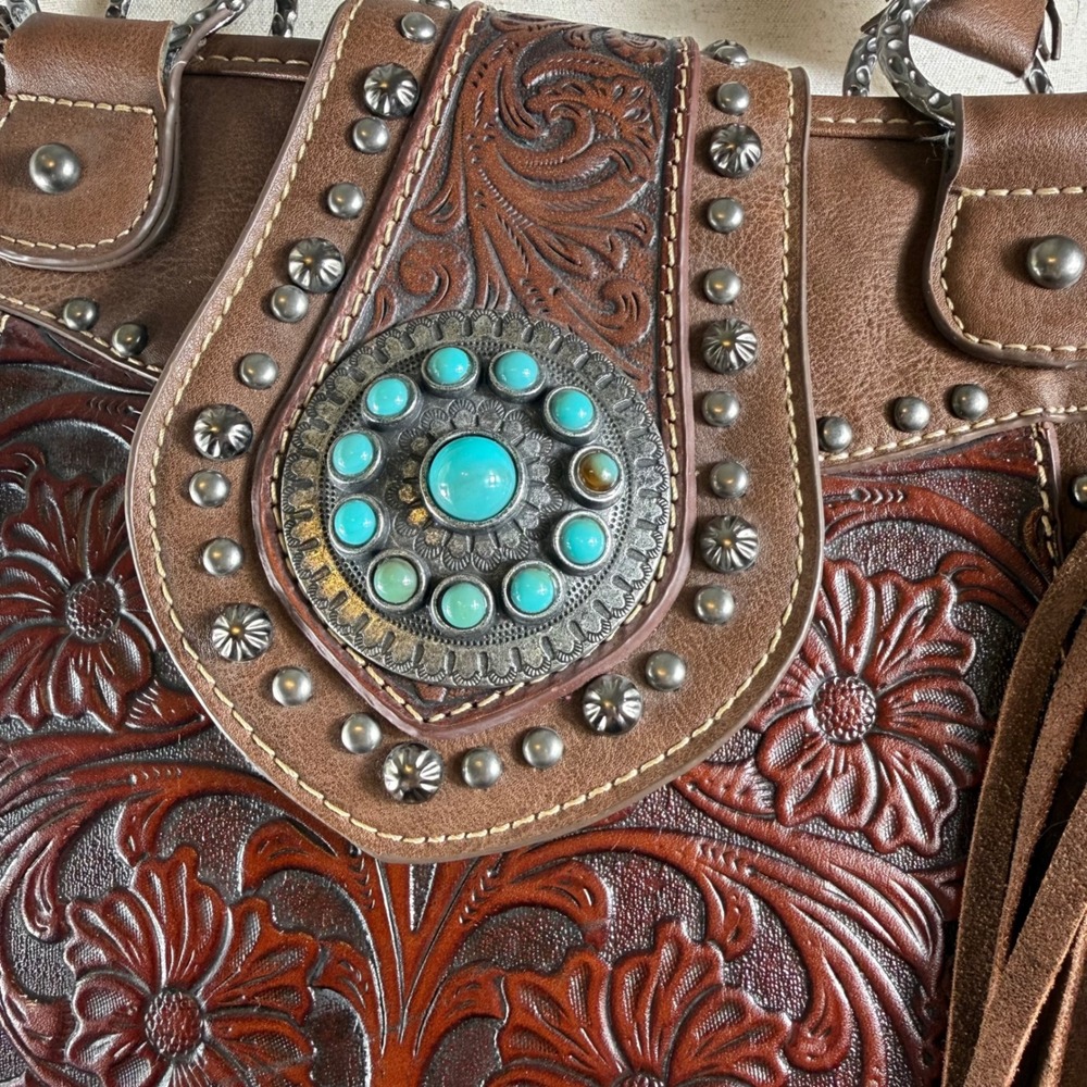 Trinity Ranch Brown Floral Tooled Fringe Turquoise Concho Western Shoulder Bag